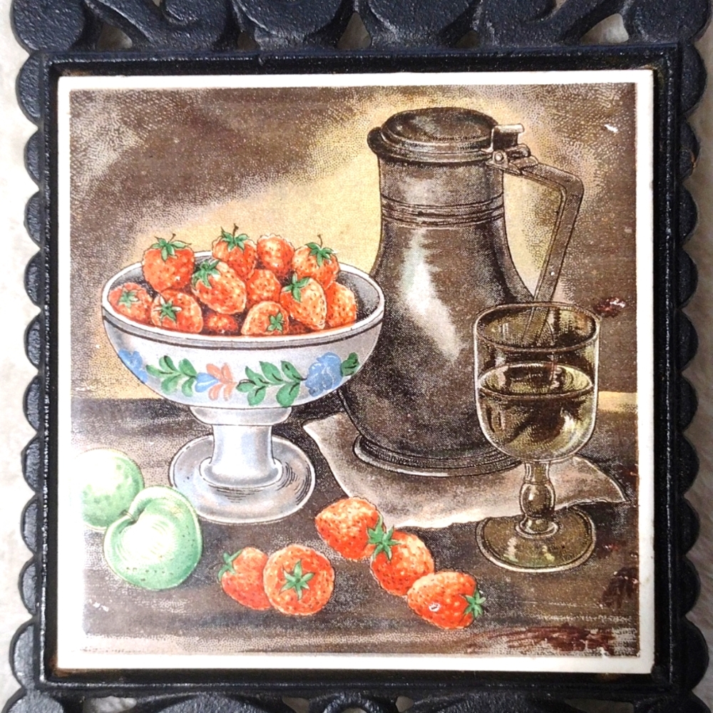 Vintage Cast Iron Trivet With Ceramic Tile Farm House Strawberry Rare Find